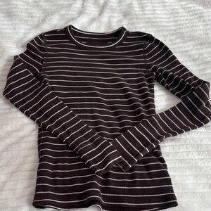 aerie Brown and White Striped Long-Sleeve Crewneck Top